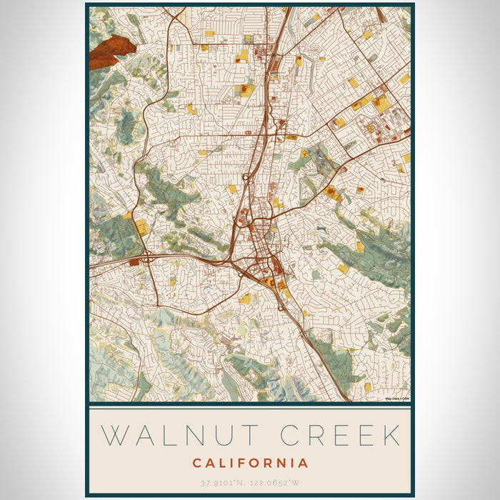 Walnut Creek California Map Print Portrait Orientation in Woodblock Style With Shaded Background