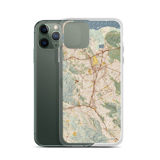 Custom Walnut Creek California Map Phone Case in Woodblock on Table with Laptop and Plant