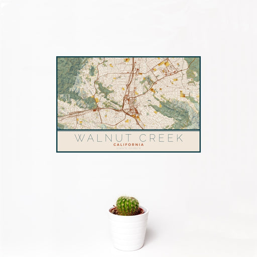 12x18 Walnut Creek California Map Print Landscape Orientation in Woodblock Style With Small Cactus Plant in White Planter