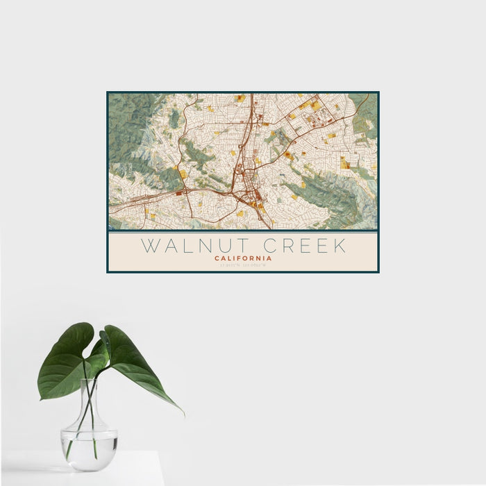 16x24 Walnut Creek California Map Print Landscape Orientation in Woodblock Style With Tropical Plant Leaves in Water