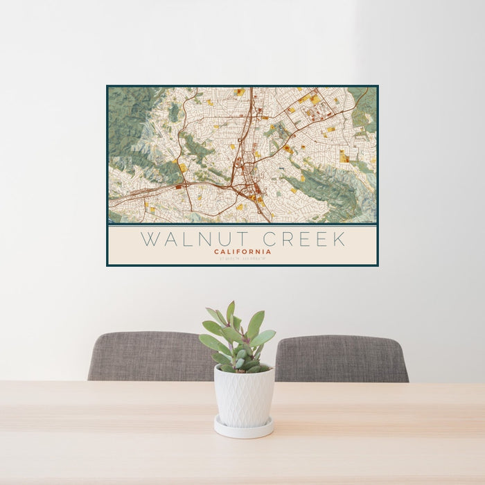 24x36 Walnut Creek California Map Print Landscape Orientation in Woodblock Style Behind 2 Chairs Table and Potted Plant