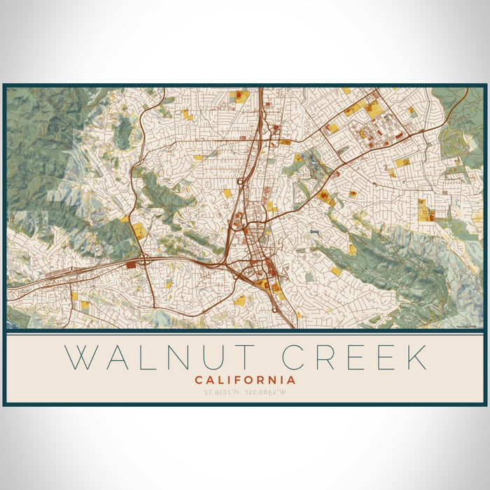 Walnut Creek California Map Print Landscape Orientation in Woodblock Style With Shaded Background