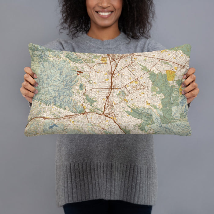 Person holding 20x12 Custom Walnut Creek California Map Throw Pillow in Woodblock