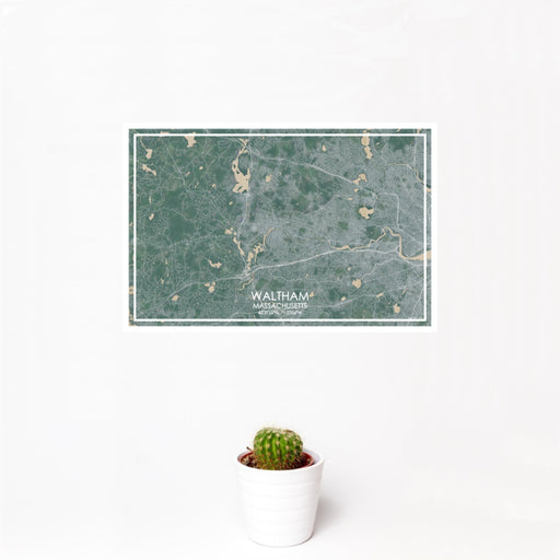 12x18 Waltham Massachusetts Map Print Landscape Orientation in Afternoon Style With Small Cactus Plant in White Planter