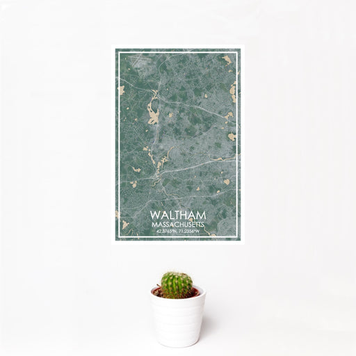 12x18 Waltham Massachusetts Map Print Portrait Orientation in Afternoon Style With Small Cactus Plant in White Planter