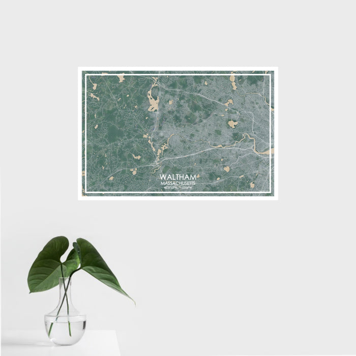 16x24 Waltham Massachusetts Map Print Landscape Orientation in Afternoon Style With Tropical Plant Leaves in Water