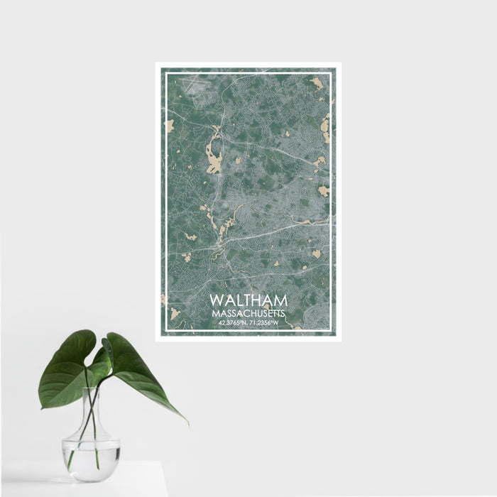 16x24 Waltham Massachusetts Map Print Portrait Orientation in Afternoon Style With Tropical Plant Leaves in Water