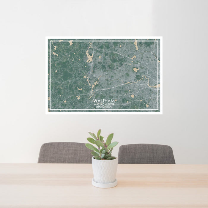 24x36 Waltham Massachusetts Map Print Lanscape Orientation in Afternoon Style Behind 2 Chairs Table and Potted Plant