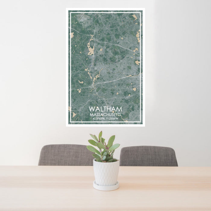 24x36 Waltham Massachusetts Map Print Portrait Orientation in Afternoon Style Behind 2 Chairs Table and Potted Plant