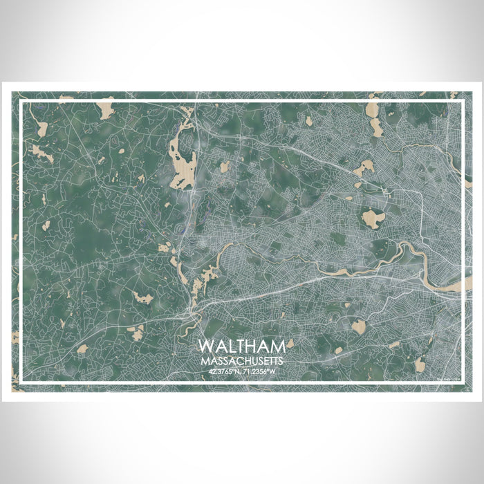 Waltham Massachusetts Map Print Landscape Orientation in Afternoon Style With Shaded Background