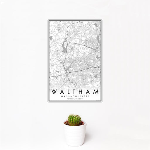 12x18 Waltham Massachusetts Map Print Portrait Orientation in Classic Style With Small Cactus Plant in White Planter