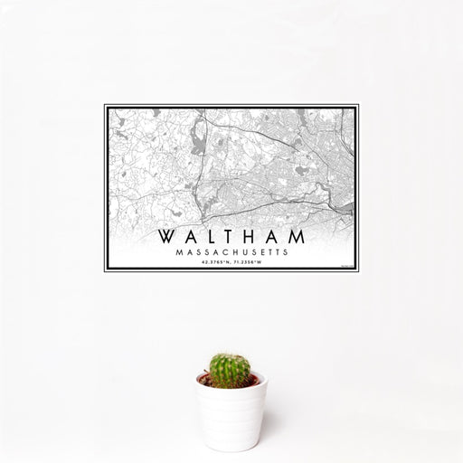 12x18 Waltham Massachusetts Map Print Landscape Orientation in Classic Style With Small Cactus Plant in White Planter