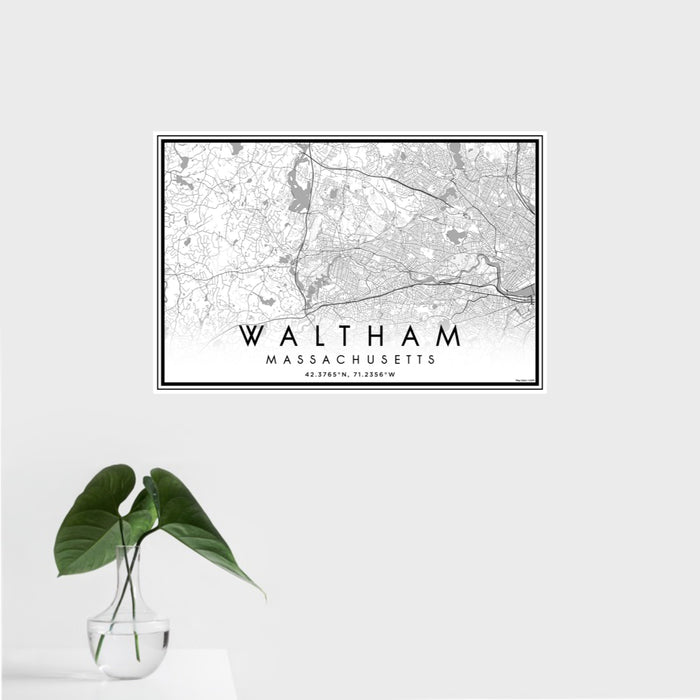 16x24 Waltham Massachusetts Map Print Landscape Orientation in Classic Style With Tropical Plant Leaves in Water