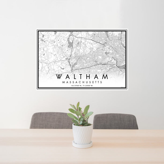 24x36 Waltham Massachusetts Map Print Landscape Orientation in Classic Style Behind 2 Chairs Table and Potted Plant
