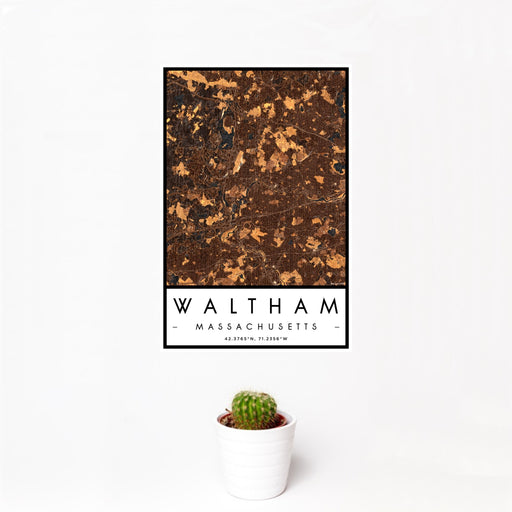 12x18 Waltham Massachusetts Map Print Portrait Orientation in Ember Style With Small Cactus Plant in White Planter