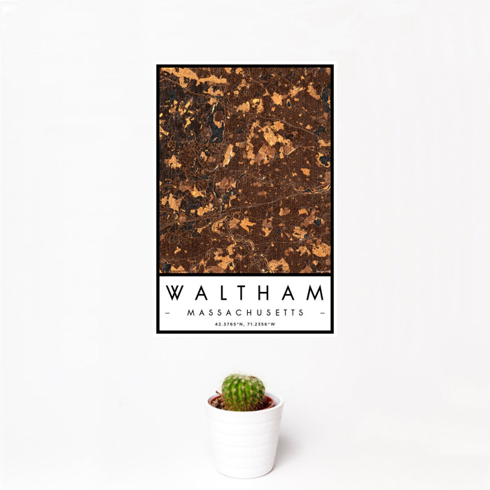 12x18 Waltham Massachusetts Map Print Portrait Orientation in Ember Style With Small Cactus Plant in White Planter
