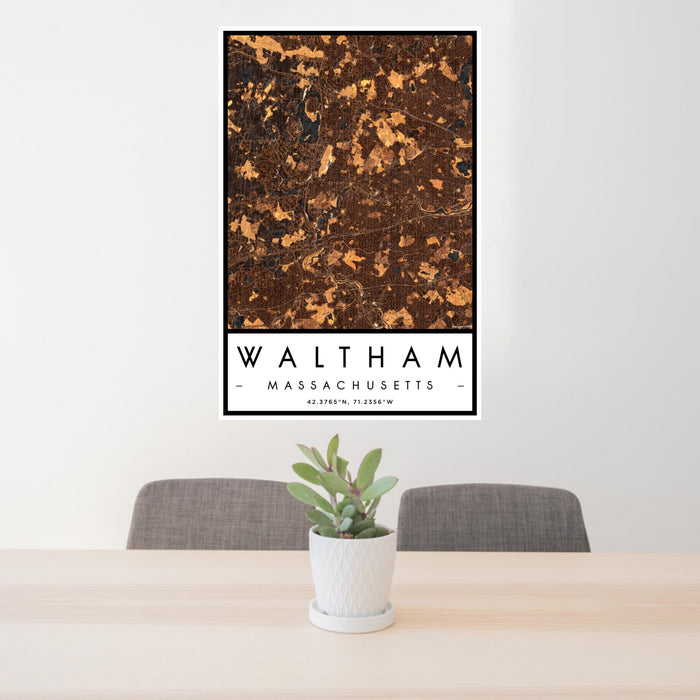 24x36 Waltham Massachusetts Map Print Portrait Orientation in Ember Style Behind 2 Chairs Table and Potted Plant