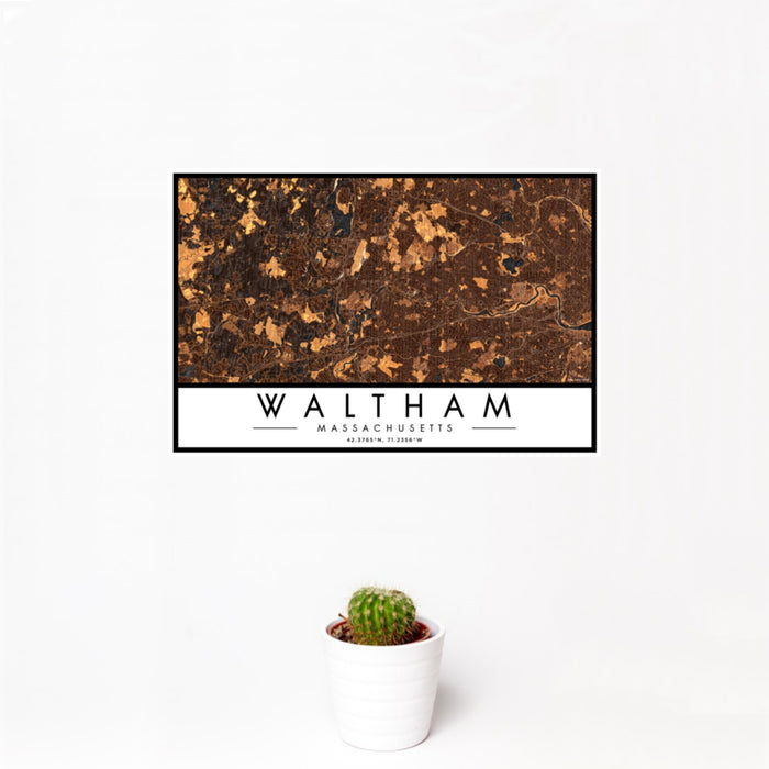 12x18 Waltham Massachusetts Map Print Landscape Orientation in Ember Style With Small Cactus Plant in White Planter