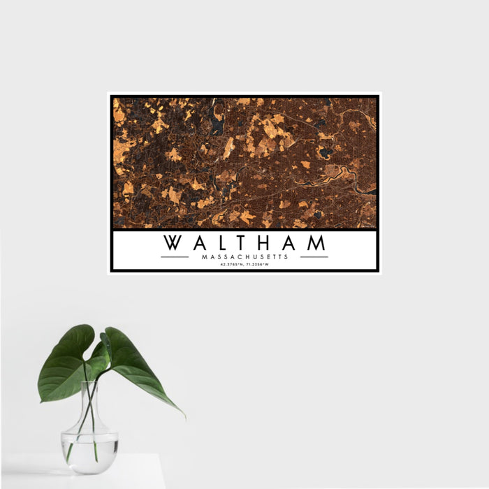 16x24 Waltham Massachusetts Map Print Landscape Orientation in Ember Style With Tropical Plant Leaves in Water