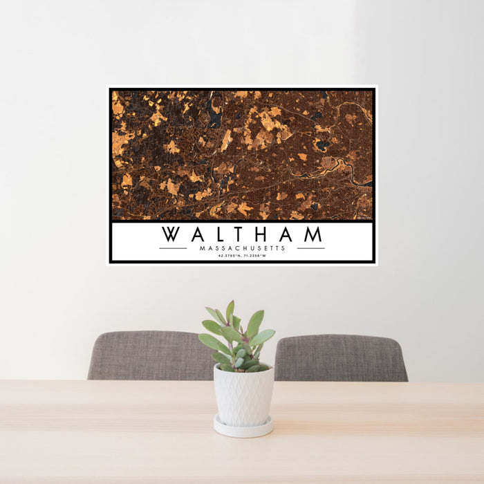 24x36 Waltham Massachusetts Map Print Landscape Orientation in Ember Style Behind 2 Chairs Table and Potted Plant