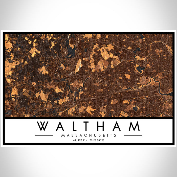 Waltham Massachusetts Map Print Landscape Orientation in Ember Style With Shaded Background