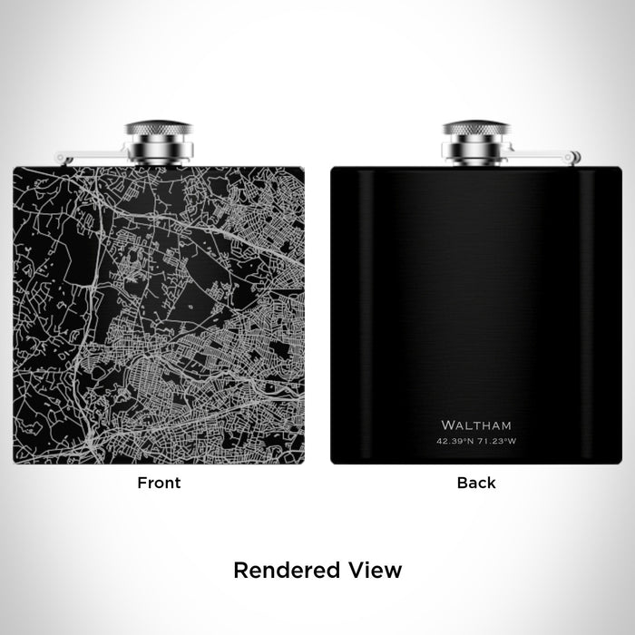 Rendered View of Waltham Massachusetts Map Engraving on 6oz Stainless Steel Flask in Black