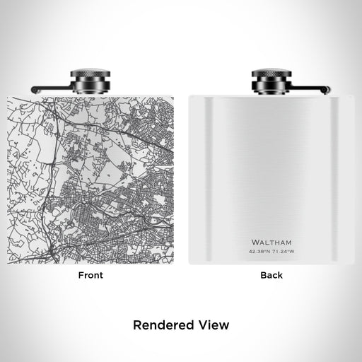 Rendered View of Waltham Massachusetts Map Engraving on 6oz Stainless Steel Flask in White