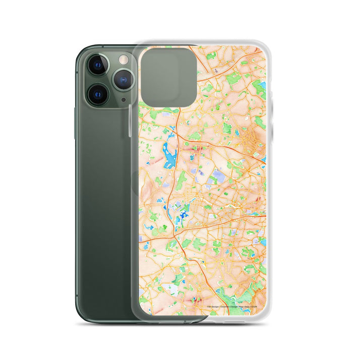 Custom Waltham Massachusetts Map Phone Case in Watercolor on Table with Laptop and Plant