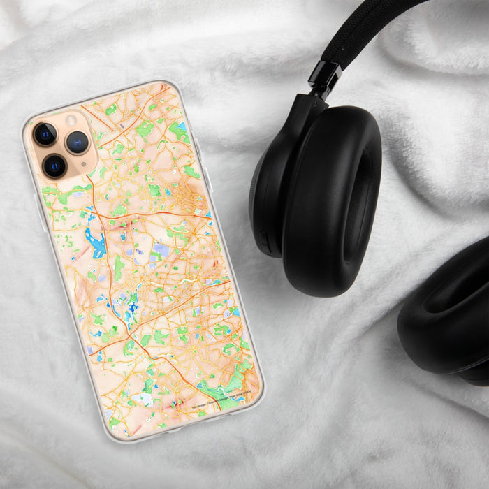 Custom Waltham Massachusetts Map Phone Case in Watercolor on Table with Black Headphones