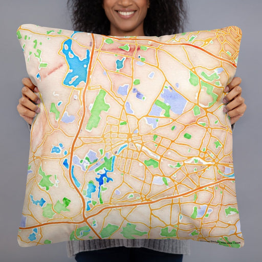Person holding 22x22 Custom Waltham Massachusetts Map Throw Pillow in Watercolor