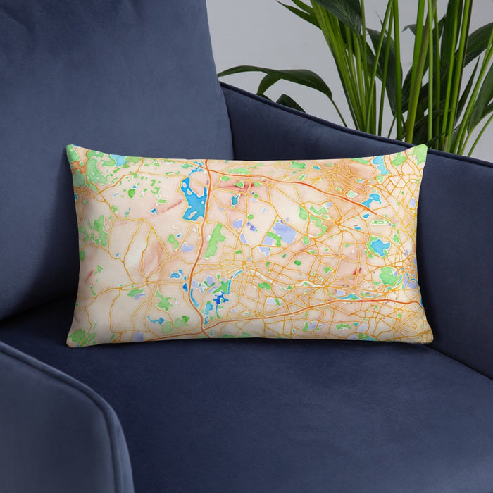 Custom Waltham Massachusetts Map Throw Pillow in Watercolor on Blue Colored Chair