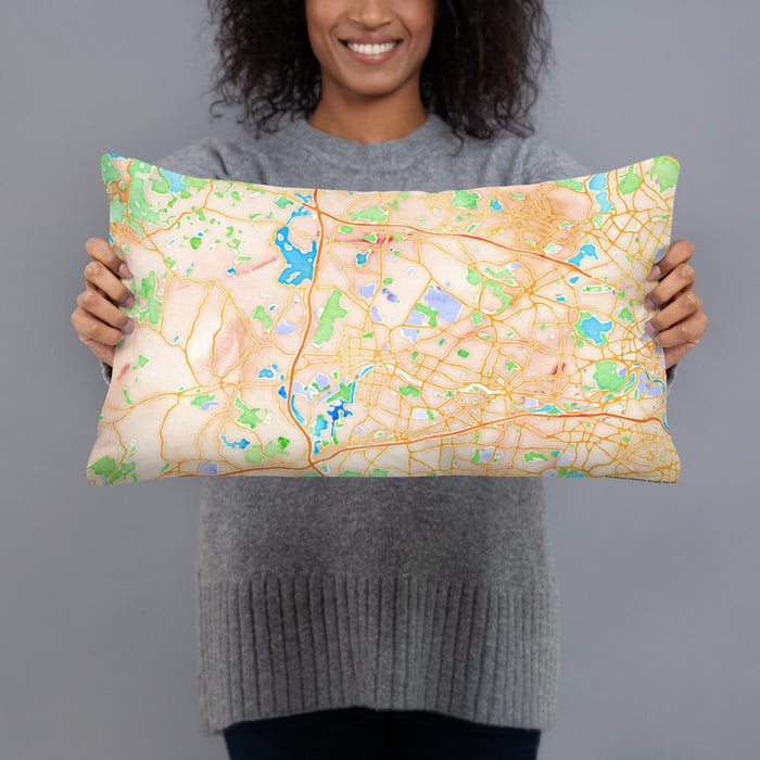 Person holding 20x12 Custom Waltham Massachusetts Map Throw Pillow in Watercolor