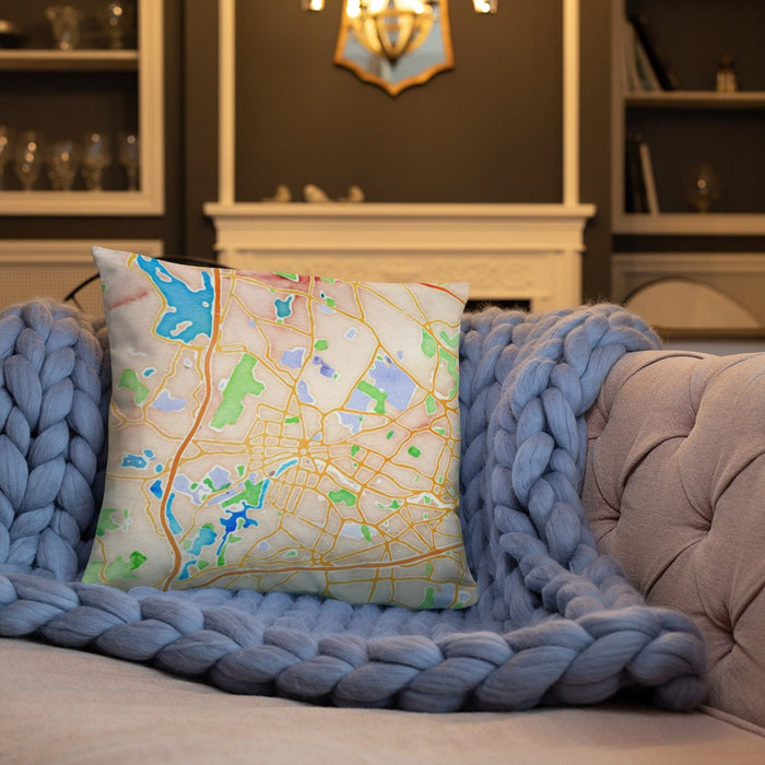 Custom Waltham Massachusetts Map Throw Pillow in Watercolor on Cream Colored Couch