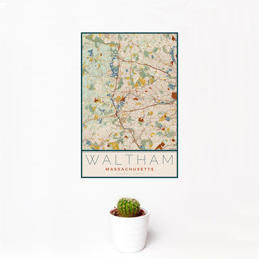 12x18 Waltham Massachusetts Map Print Portrait Orientation in Woodblock Style With Small Cactus Plant in White Planter