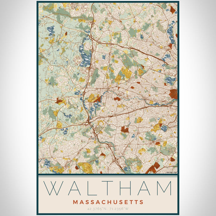 Waltham Massachusetts Map Print Portrait Orientation in Woodblock Style With Shaded Background
