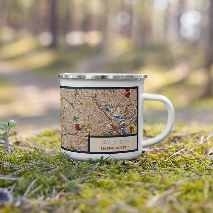 Right View Custom Waltham Massachusetts Map Enamel Mug in Woodblock on Grass With Trees in Background