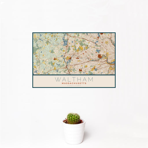 12x18 Waltham Massachusetts Map Print Landscape Orientation in Woodblock Style With Small Cactus Plant in White Planter