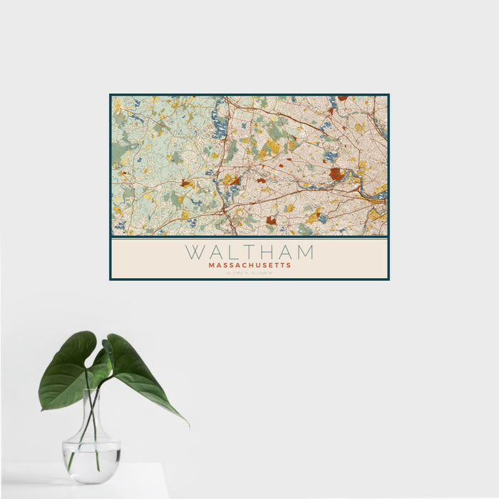 16x24 Waltham Massachusetts Map Print Landscape Orientation in Woodblock Style With Tropical Plant Leaves in Water