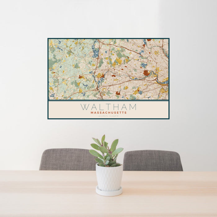 24x36 Waltham Massachusetts Map Print Landscape Orientation in Woodblock Style Behind 2 Chairs Table and Potted Plant