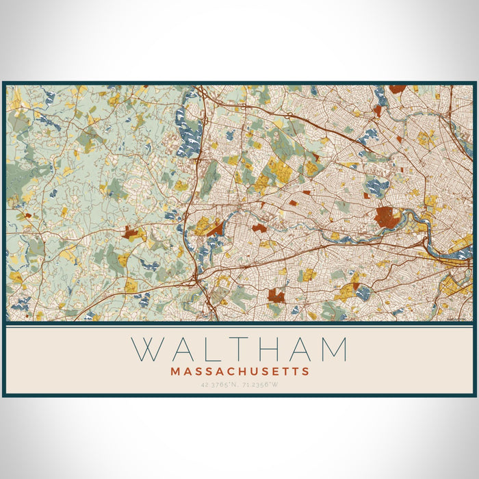 Waltham Massachusetts Map Print Landscape Orientation in Woodblock Style With Shaded Background
