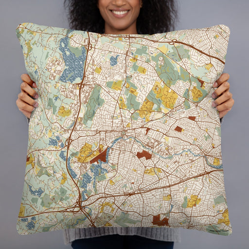 Person holding 22x22 Custom Waltham Massachusetts Map Throw Pillow in Woodblock