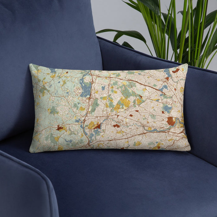 Custom Waltham Massachusetts Map Throw Pillow in Woodblock on Blue Colored Chair