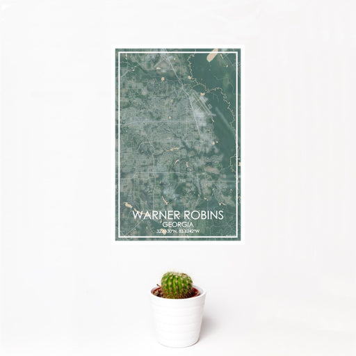 12x18 Warner Robins Georgia Map Print Portrait Orientation in Afternoon Style With Small Cactus Plant in White Planter