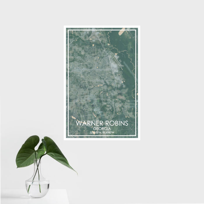 16x24 Warner Robins Georgia Map Print Portrait Orientation in Afternoon Style With Tropical Plant Leaves in Water