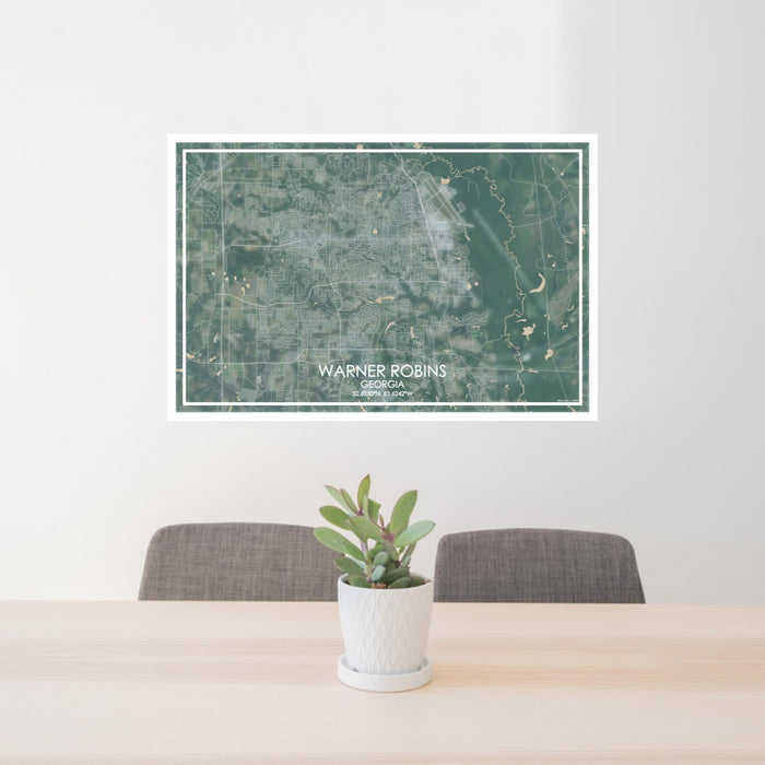 24x36 Warner Robins Georgia Map Print Lanscape Orientation in Afternoon Style Behind 2 Chairs Table and Potted Plant
