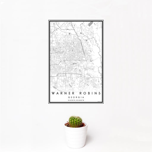12x18 Warner Robins Georgia Map Print Portrait Orientation in Classic Style With Small Cactus Plant in White Planter