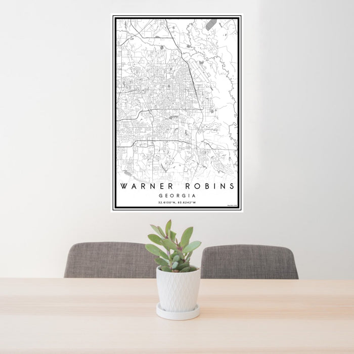 24x36 Warner Robins Georgia Map Print Portrait Orientation in Classic Style Behind 2 Chairs Table and Potted Plant