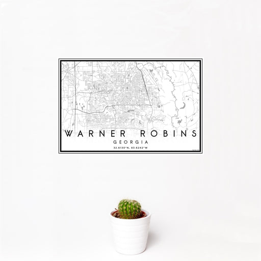12x18 Warner Robins Georgia Map Print Landscape Orientation in Classic Style With Small Cactus Plant in White Planter