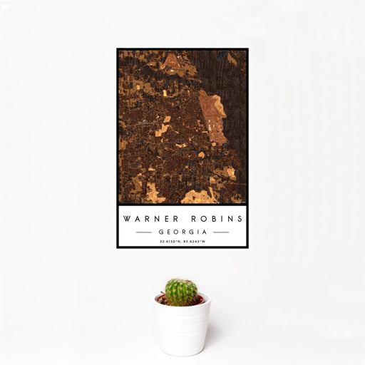 12x18 Warner Robins Georgia Map Print Portrait Orientation in Ember Style With Small Cactus Plant in White Planter