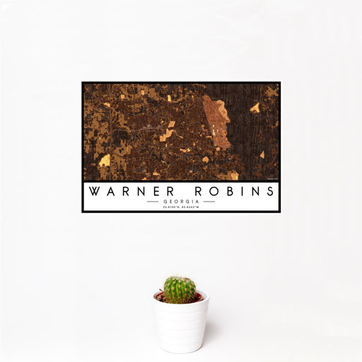 12x18 Warner Robins Georgia Map Print Landscape Orientation in Ember Style With Small Cactus Plant in White Planter